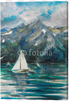 sailboat on lake watercolor painted - Żaglówki obraz