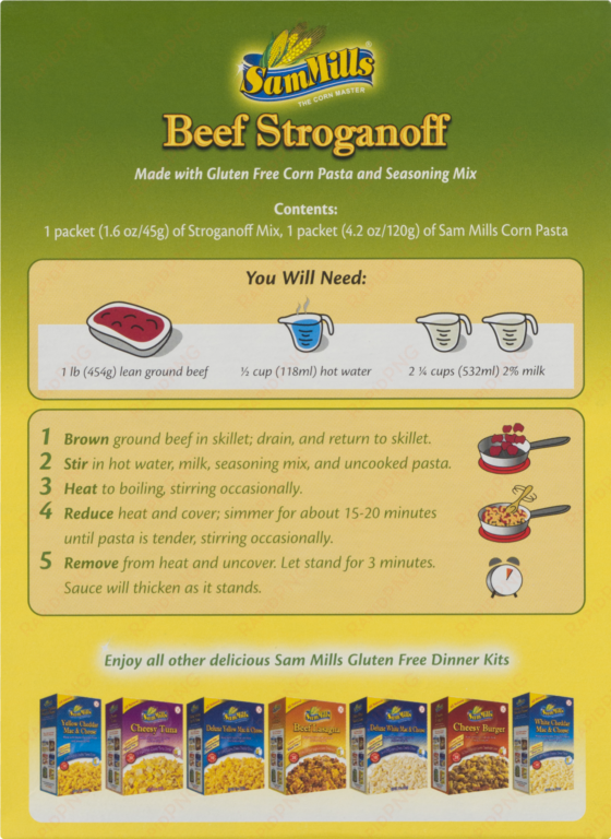 sam mills beef stroganoff made with gluten free corn - sam mills beef stroganoff, 5.8 oz, (pack