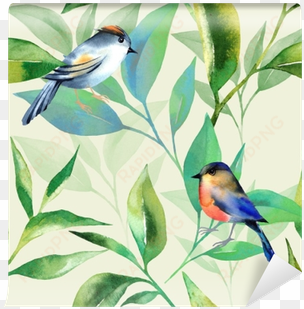 seamless pattern with tea leaves and birds in watercolor - watercolor painting
