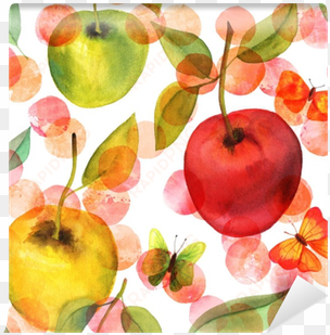 seamless pattern with watercolor apples and butterflies - watercolor painting