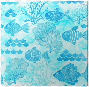 seamless watercolor pattern with fishes and marine - watercolor painting