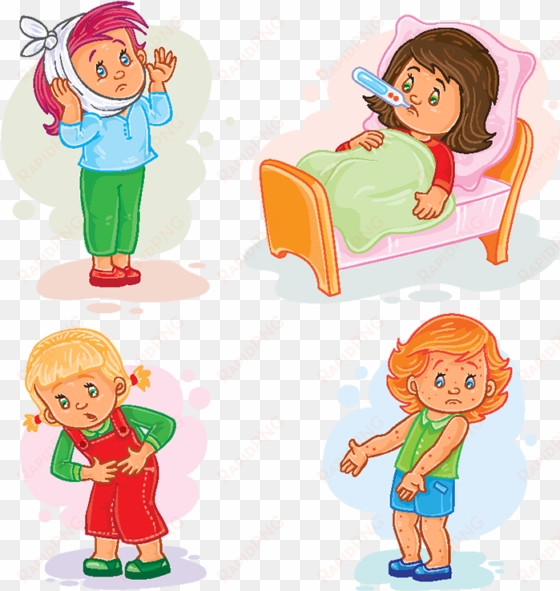 set icons little girl sick, fever, young, boy png and - cartoon sick boy and girl set