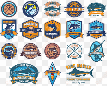 set of vector badges, stickers on catching fish - 魚 エンブレム
