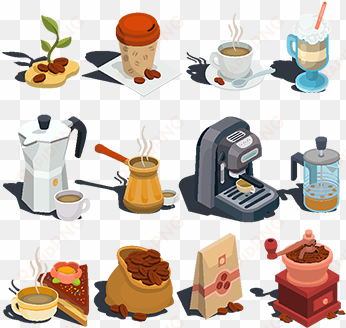 set of vector isometric coffee icons, stickers, prints, - coffee