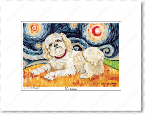 Shih Tzu Blonde Starry Night Matted Print - Van Growl - Westie On A Starry Night transparent png image