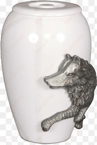 side view of urn with detail of wolf's face - wolf