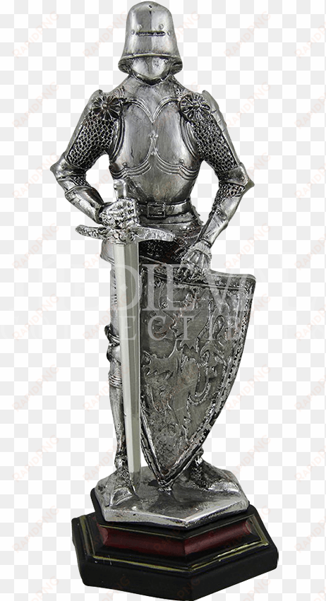 silver knight with sword and shield statue - zeckos medieval knight in armor standing holding sword