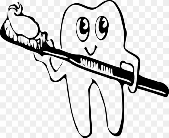 smiling tooth holding a toothbrush - tooth brush clip art black and white