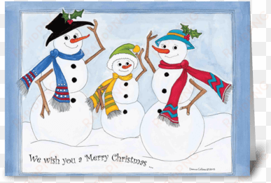 snow family greeting card - snow family with scarves,hats and holly card