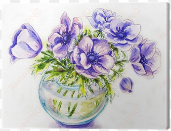 spring flowers in vase, watercolor illustration canvas - drewniana taca zdobiona kwiatami i napisami