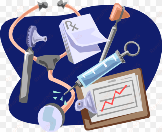 stethoscope with syringe and clipboard royalty free - illustration