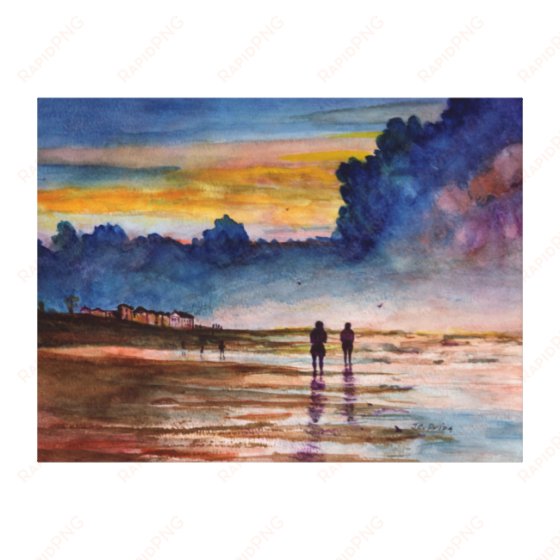 stormy sunset beach combing watercolor seascape canvas - watercolor painting