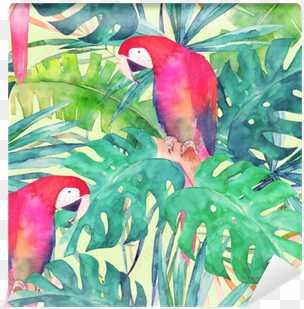 summer seamless pattern with watercolor parrot, palm - watercolor painting