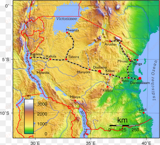 tanzania railways lines - topographical map of tanzania