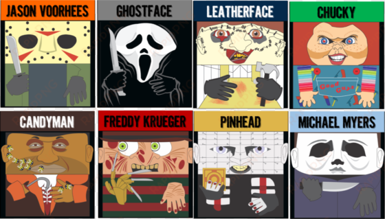 the 8 killers cards are featured above - horror movie card game