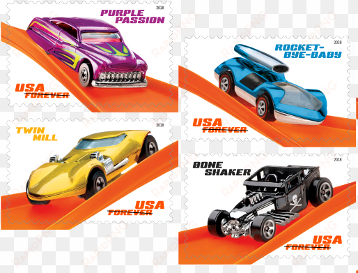 the name of the vehicle shown in one of the top corners - usps hot wheels stamps