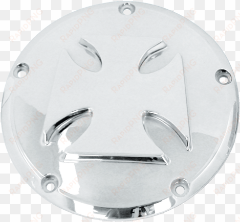 this chrome plated derby cover features a large maltese - chrome plating
