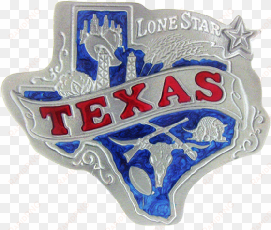 this colorful belt buckle is in the shape of texas - badge