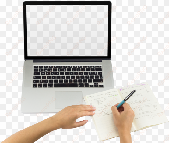 top shot macbook png mockup featuring a woman writing - hands on laptop png