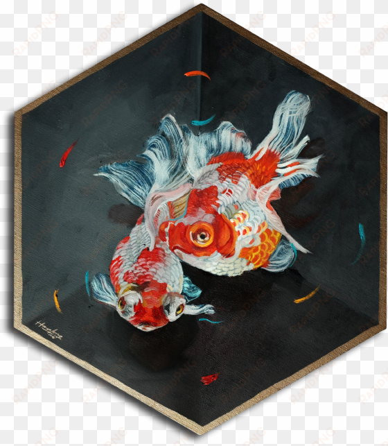 twin goldfish in a box, gold lined - goldfish painting box