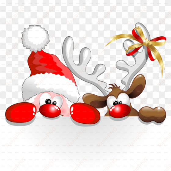 vector black and white download christmas cartoon png - santa and reindeer peeking over