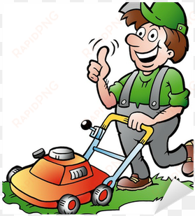 vector illustration of an happy gardener with his lawnmower - tuinman