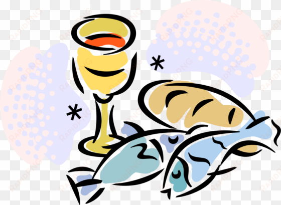 vector illustration of christian religion chalice cup, - fish and bread cartoon