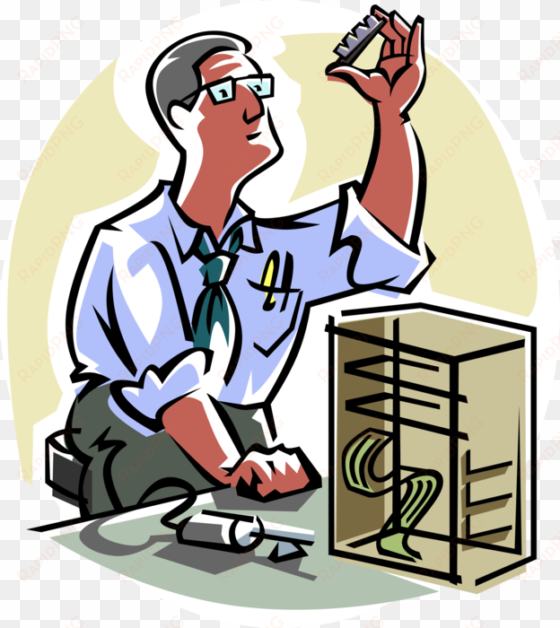 vector illustration of computer repair technician with - person building a computer