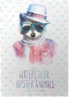 vector illustration of raccoon portrait in sunglasses - colorful watercolor image hipster raccoon printed on