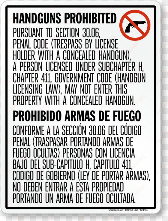 vertical bilingual no concealed carry texas sign - san francisco