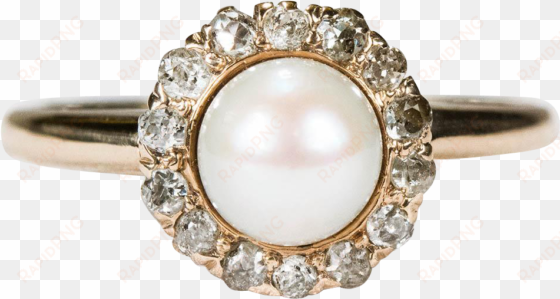 victorian old mine cut diamond halo pearl ring 14k - pre-engagement ring