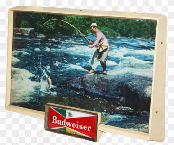 vintage 1950's budweiser lighted bar sign half pond - fly fishing