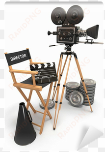 vintage camera, director chair and reels - movie director camera