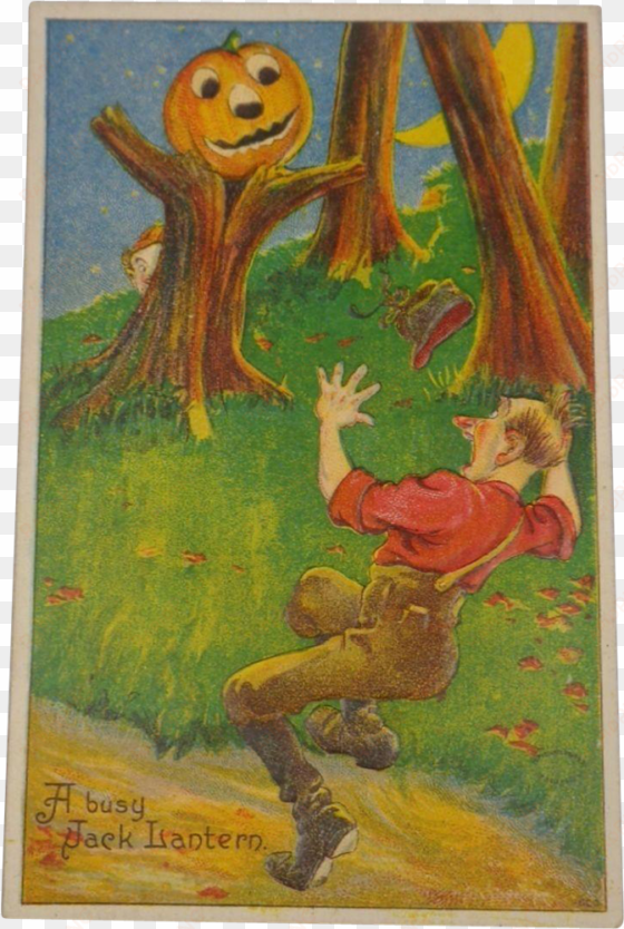vintage halloween postcard pumpkin tree scares man - kürbislaterne-kürbis-monster-halbmond-mond karte