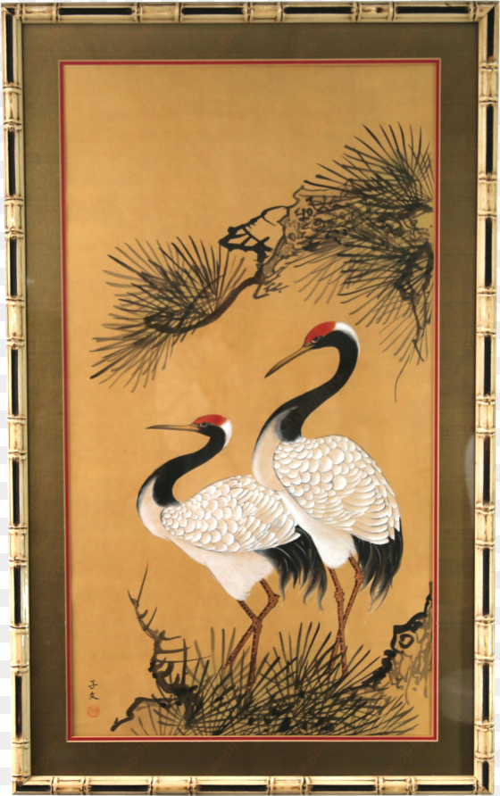 vintage japanese red-crowned cranes painting on chairish - japanese red crowned crane silk painting