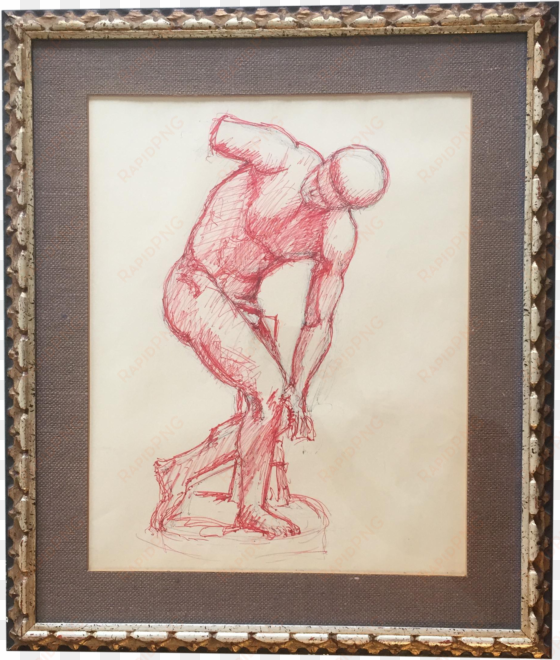 vintage original red ink male life drawing - drawing