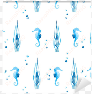 watercolor blue seamless pattern with sea horses and - illustration