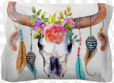 watercolor bull skull with flowers and feathers pillow - boho bull skull png