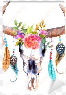 watercolor bull skull with flowers and feathers wall - bohemian cow skull png