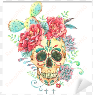 watercolor card with skull and roses wall mural • pixers® - calavera con flores cartel