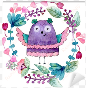 watercolor funny illustration with owl and flowers - watercolor painting
