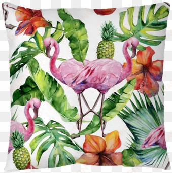 watercolor illustration of tropical pink flamingo bird - monstera leaf brushed aluminium wall art 80cm