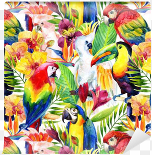 watercolor parrots with tropical flowers seamless pattern - tropical birds pillow case