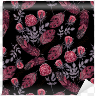 watercolor red roses and feathers on black wallpaper - red feathers of birds . backpack by fuzzyfox85