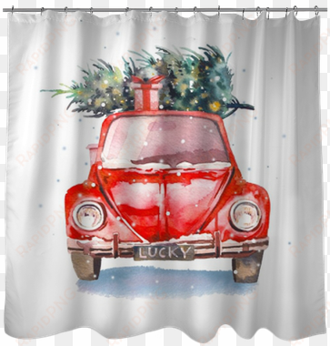 watercolor retro car with gift box and christmas tree - christmas day