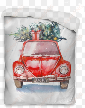 Watercolor Retro Car With Gift Box And Christmas Tree - Watercolor Christmas Tree Png transparent png image