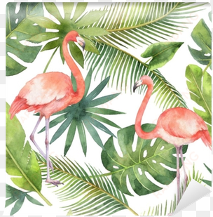 watercolor seamless pattern of and palm trees - flamingo lraf background