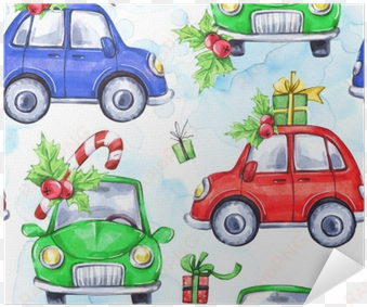 watercolor seamless pattern with cartoon holidays cars - watercolor painting