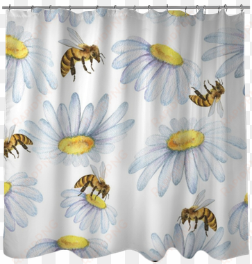 watercolor seamless pattern with flowers chamomile - honeybee
