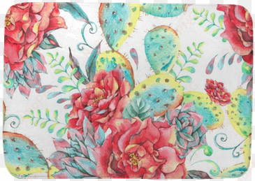 watercolor seamless pattern with roses, cactus bath - watercolor painting